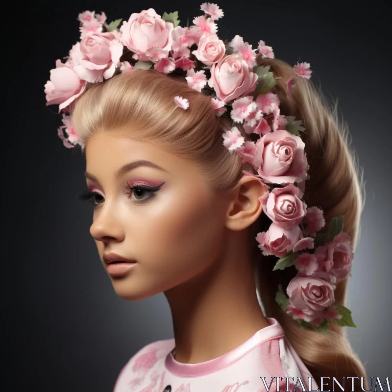 AI ART Beautiful Young Woman with Pink Roses - Timeless Beauty