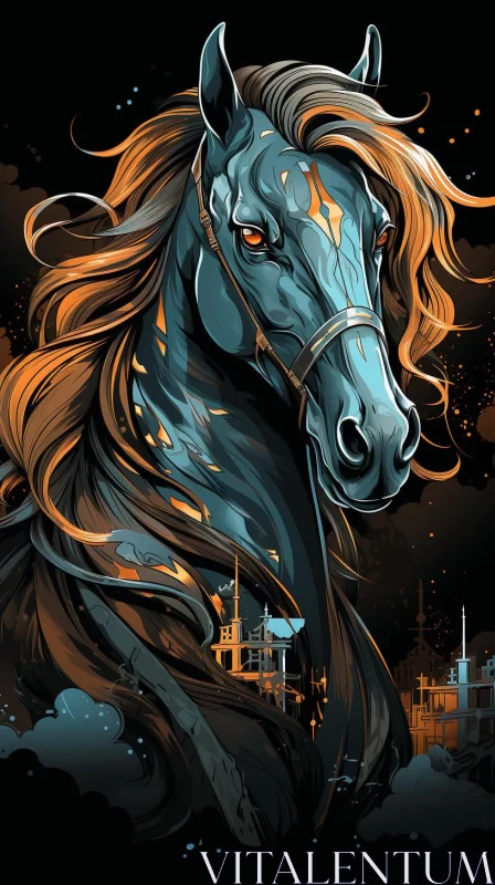 Blue and Orange Horse in Gothic Styled Cityscape AI Image