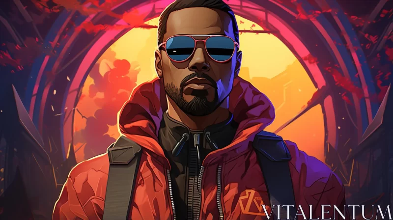 Man in Red Jacket and Sunglasses: A Cyberpunk Portrait AI Image