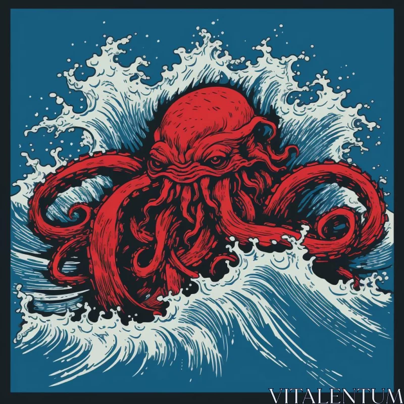 Octopus Rising from the Ocean Waves in Vintage Poster Style AI Image