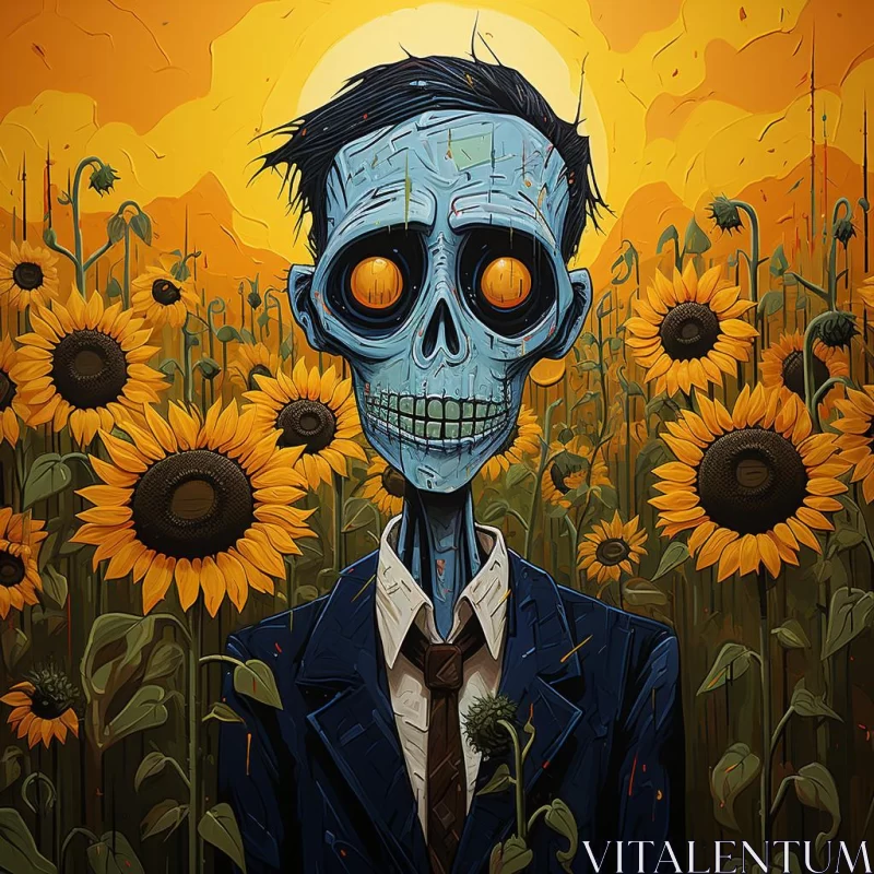 Skeletal Figure Amid Sunflowers in Lowbrow Style AI Image