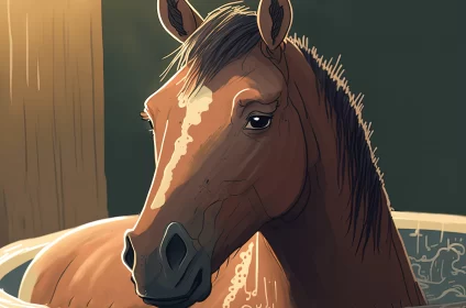 Brown Horse in Waterbed: A Close-Up Illustration AI Image