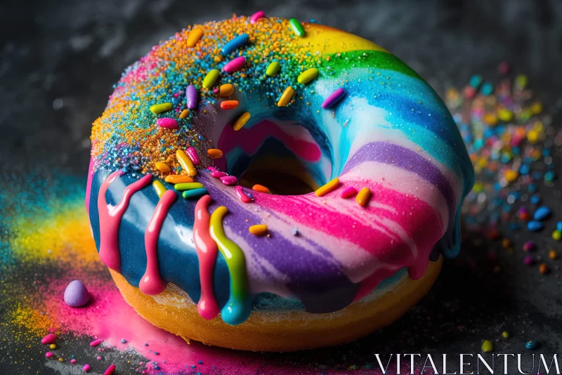 Colorful Doughnut on Black Surface with Sprinkles AI Image