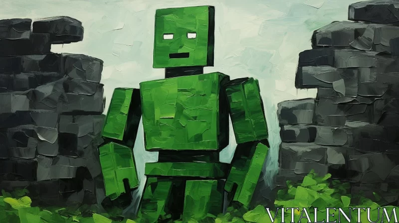 AI ART Rustic Figurative Green Minecraft Robot Artwork