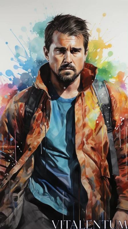 AI ART Watercolor Portrait of Man in Orange Jacket - Adventurous Sci-Fi Art