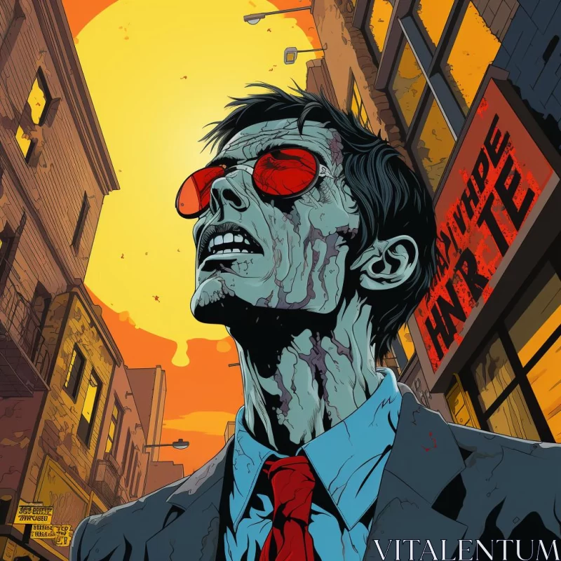 Zombie Character in Suit: A Pulp Comic Art Representation AI Image