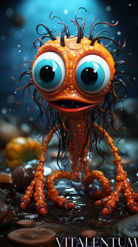 Charming Cartoon Monster in a Wet Environment AI Image