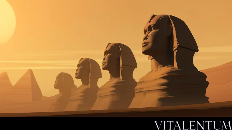Luminous 3D Sphinxes in a Desert Landscape AI Image
