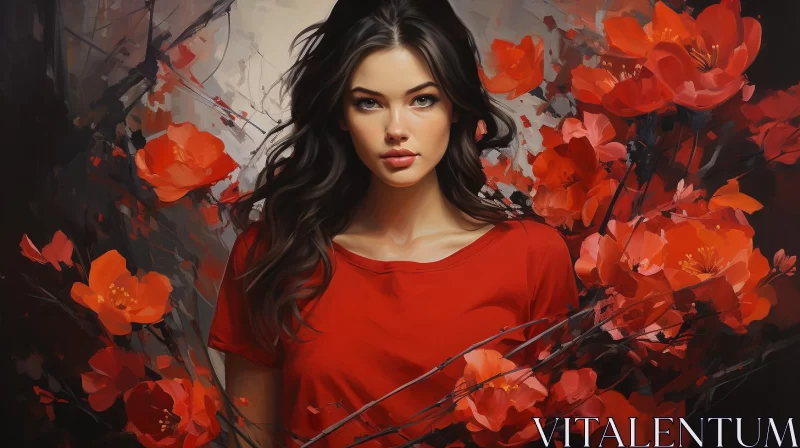 Romantic Illustration: Woman in Red Amidst Flowers AI Image