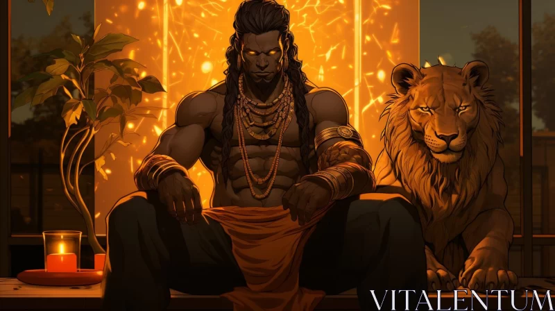 AI ART Indian Man and Lion in Warm Glow: An Anime and African Art Fusion