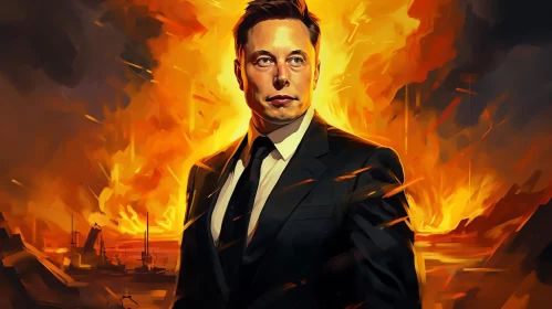 Elon Musk against Fiery Backdrop: A Realistic Portrait AI Image