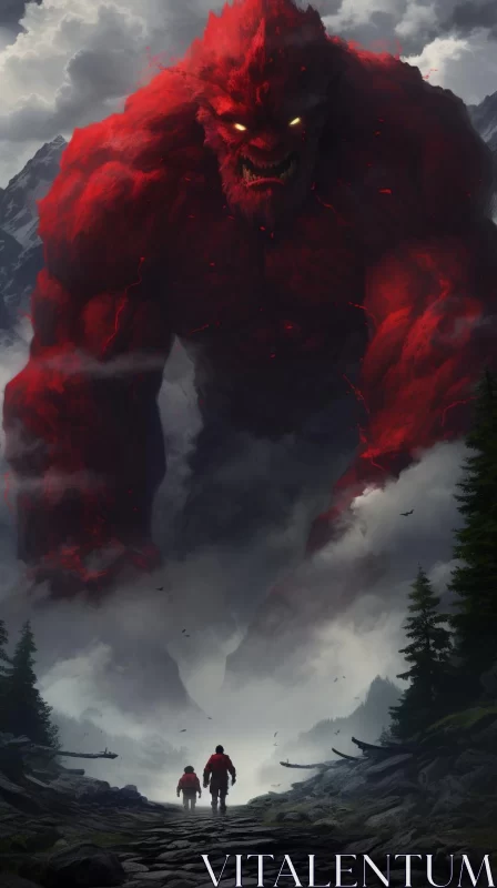 Epic Red Monster Illustration Amidst Mountainous Landscape AI Image