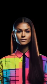 Fashion Portrait: Woman in Colorful Shirt with Long Hair