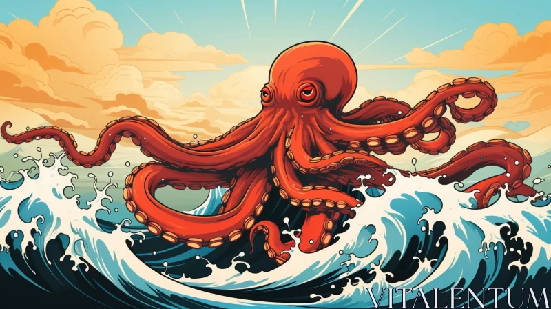 Gigantic Red Octopus Surging from Ocean Waves: A Pop Art Illustration AI Image