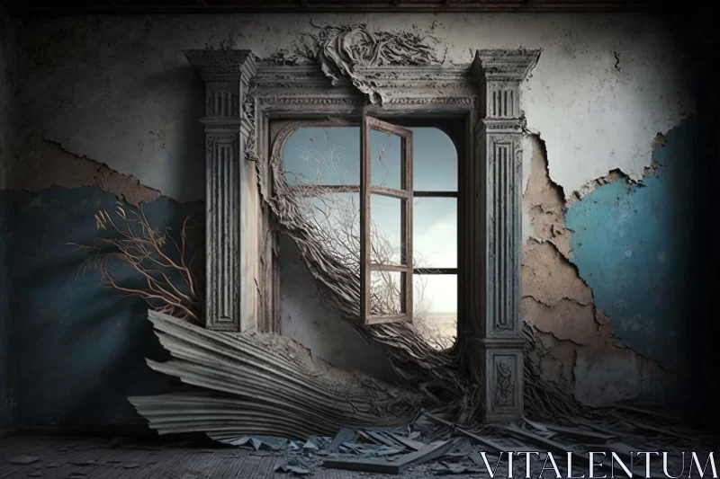Post-apocalyptic Surrealism: Broken Room and Shattered Window AI Image