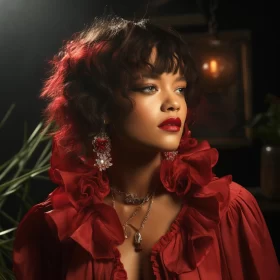 Rihanna in Gothic Romance Red Outfit and Gold Jewelry