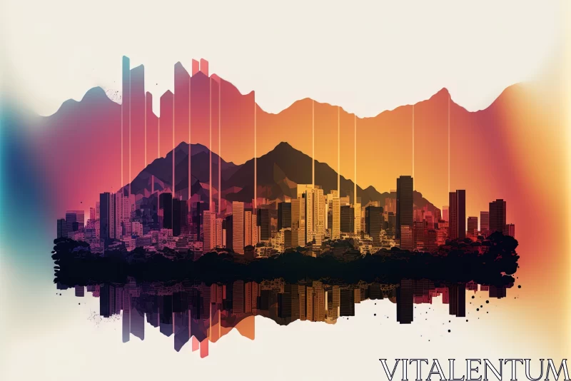 Colorful Abstract City Skyline with Mountainous Backdrop AI Image