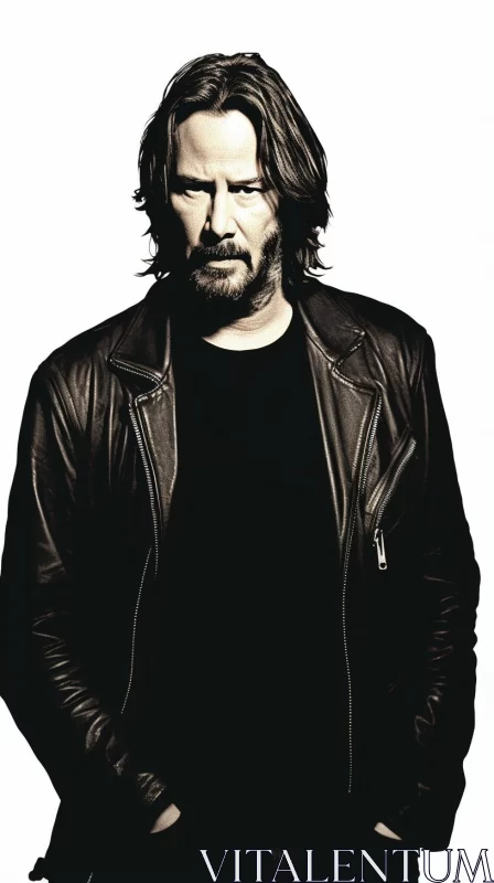 Monochrome Portrait: Man in Black Leather Jacket AI Image