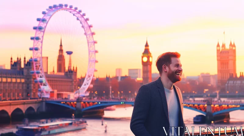 Romantic London Journey: Man at Sunset with Big Ben AI Image