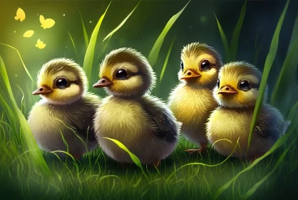 Adorable Green Chicks in Grass - Realistic Fantasy Game Art Wallpaper