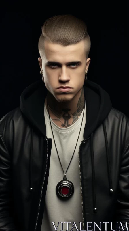 Tattooed Man in Leather Jacket Embodying Rap Aesthetics AI Image