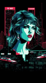 Vintage Outrun Style Portrait of Woman in Neon-lit City AI Image
