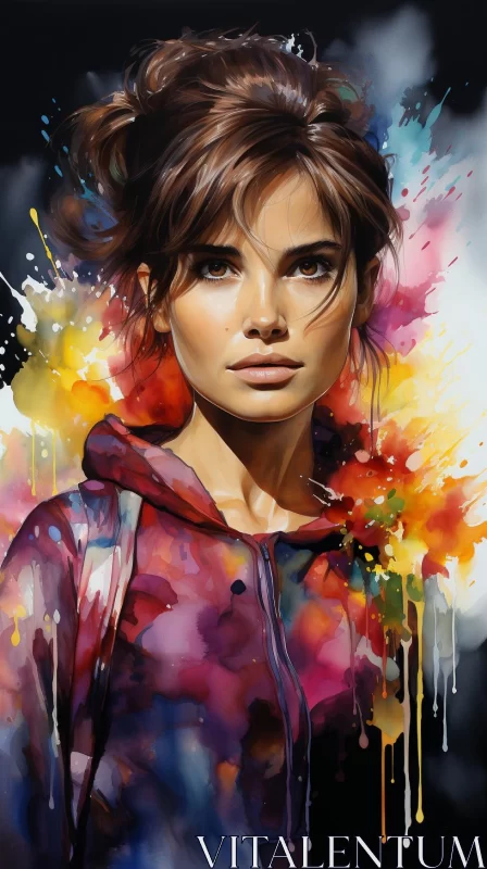 AI ART Vivid Watercolor Female Portrait with Floral Explosions