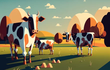 Cartoon Style Cows in a Grassy Field: A Classic Still Life Composition