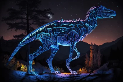 Neon Lit Night-Time T rex in a Wooded Terrain