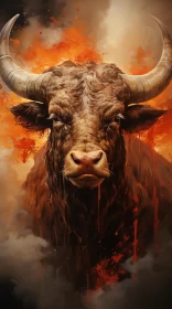 Post-Apocalyptic Bull Portrait under an Orange Sky AI Image