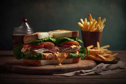 Rustic Sandwich and Fries Still Life in Warm Color Palette