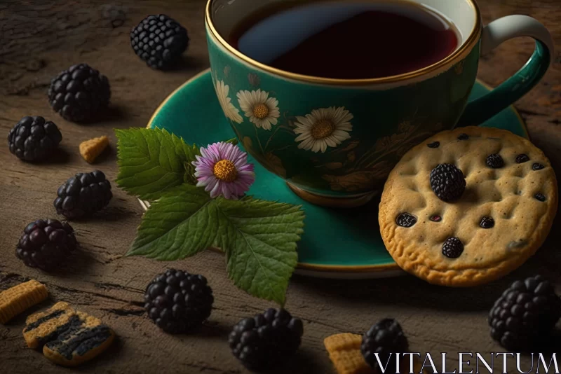 Rustic Still Life with Blackberries, Cookies, and Tea AI Image