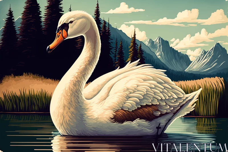 Serene Swan in Mountainous Landscape - Vintage Poster Art AI Image