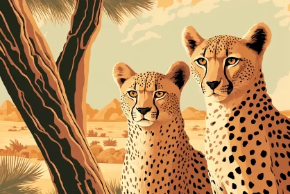 Vintage Poster Style Illustration of Cheetahs in the Desert