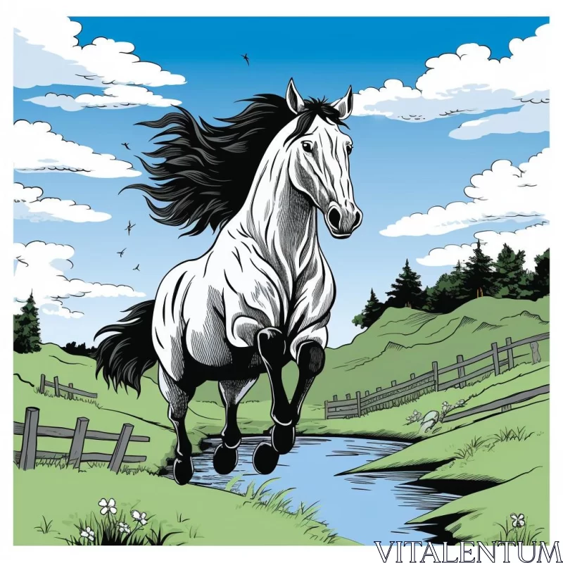 Wild Horse Running by River - A Prairiecore Outdoor Art AI Image