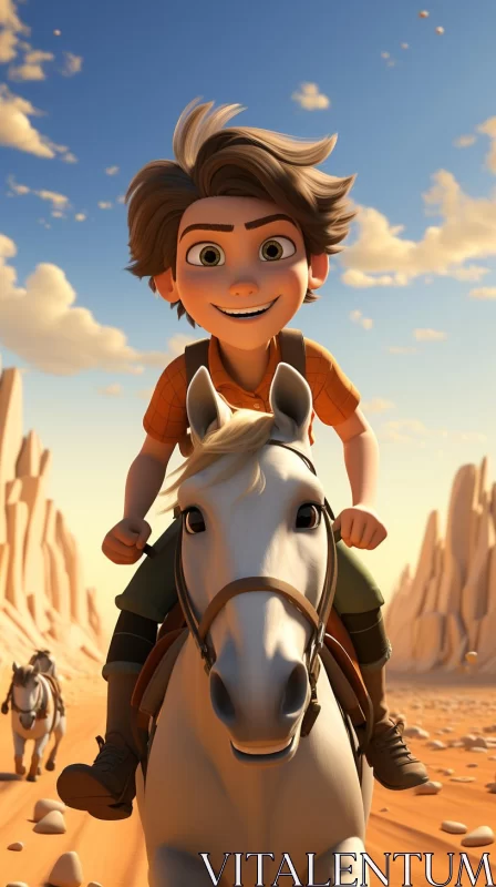 AI ART Animated Boy on Horse in Desert - Soft White and Orange Light
