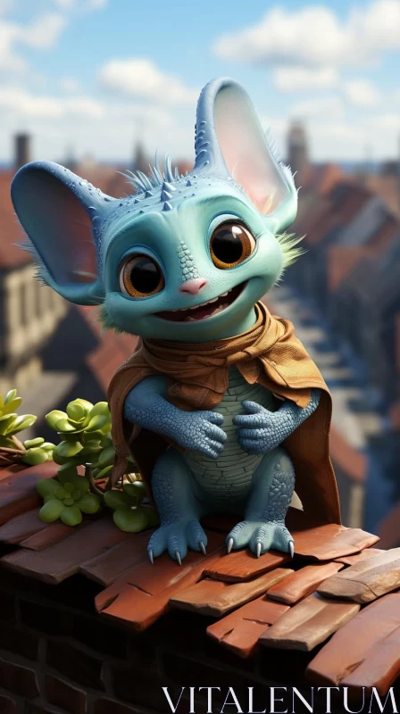 Animated Fantasy Blue Mouse Character on Roof AI Image