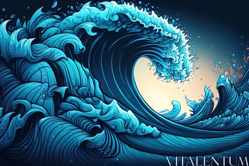 Blue Wave in Ocean - Art Nouveau and Surrealistic Blend AI Image