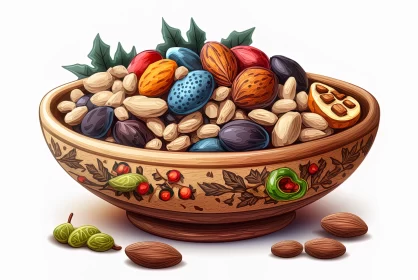 Hand-Painted Wooden Bowl with Nuts Illustration AI Image