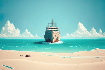 Retro Beach Scene with Majestic Boat AI Image