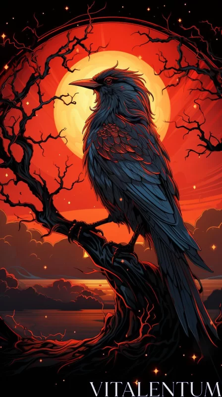 2D Game Art of a Raven at Sunset: A Study in Silver and Red AI Image
