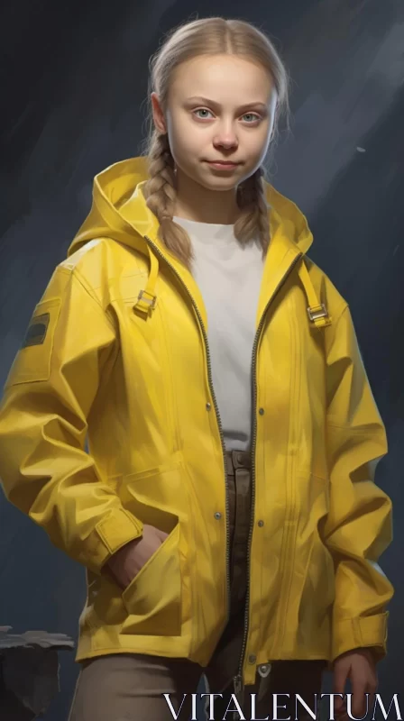 Greta Thunberg in Yellow Rain Jacket: A Study in Character Illustration AI Image