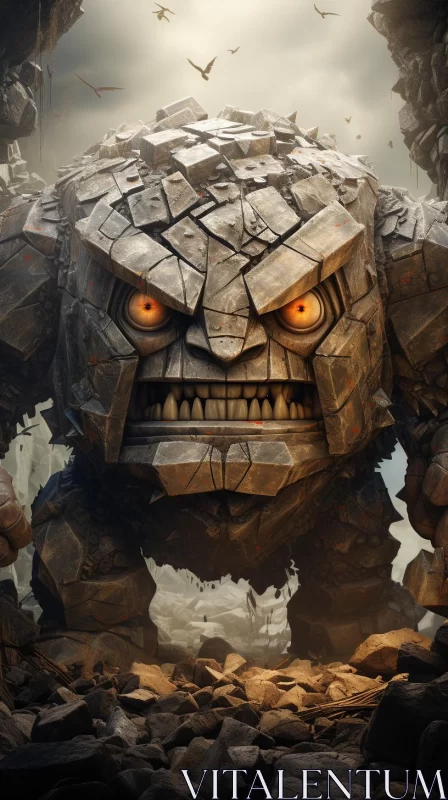 Fragmented Iconic Imagery: Stone Monster with Red Eyes AI Image