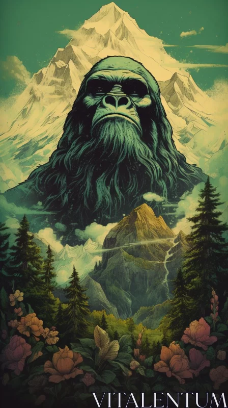 Majestic Gorilla Amidst Mountain Flowers: An Atmospheric Illustration AI Image
