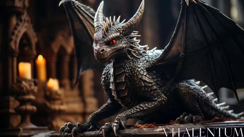 Black Dragon Figurine Amidst Candlelight: A Medieval Fantasy AI Image