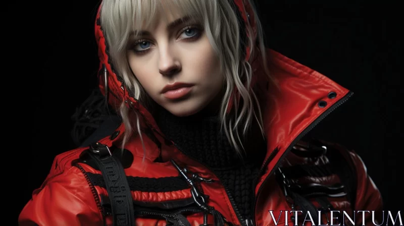 Cyberneticpunk Style Woman in Red Jacket - Matte Photo AI Image