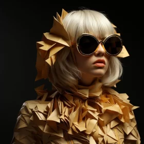 Fashion Forward: Woman in Origami Mask and Golden Hues AI Image