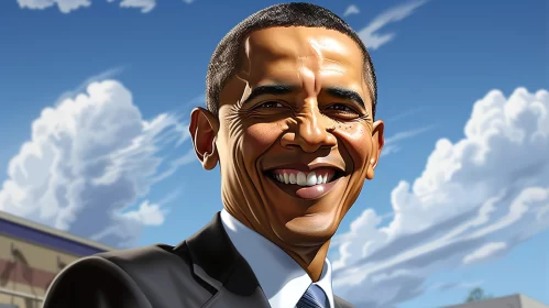 President Barack Obama Smiling with Blue Skies and Animal Illustrations AI Image
