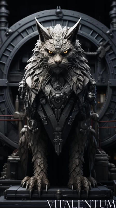 Armored Cat Amidst Time and Machinery: A Unique Fusion of Elements AI Image