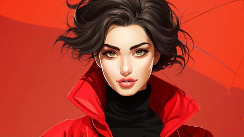 Charming Woman in Red Coat with Umbrella - Colorful Cartoon Art AI Image